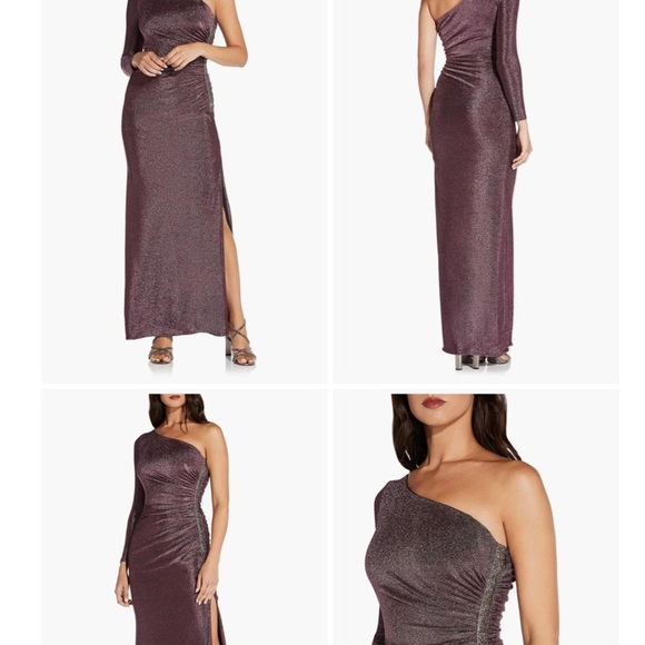 ADRIANNA PAPELL one sleeve slit purple glitter gown special occasion Small - Picture 3 of 7